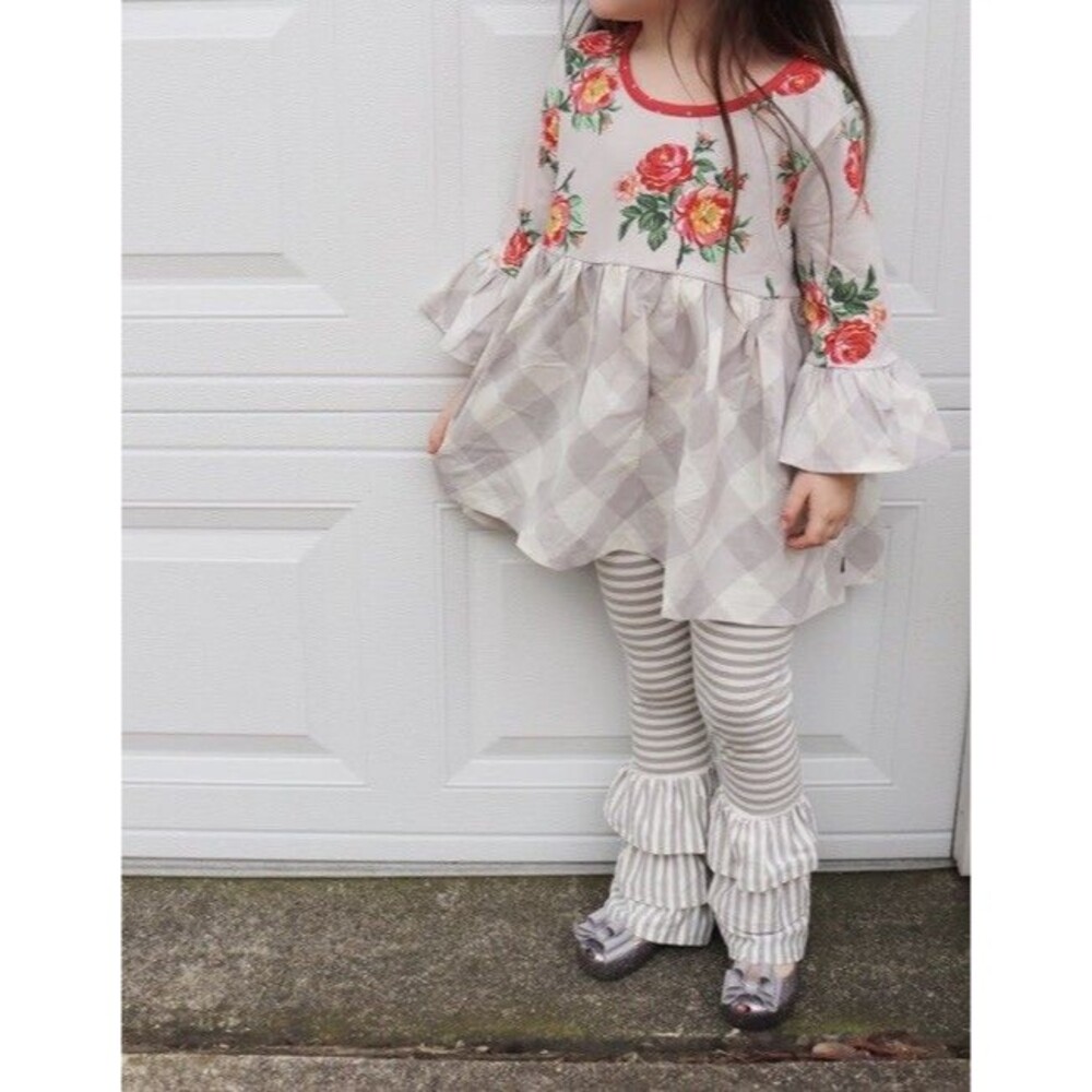 Matilda Jane Girls Castles In The Air Tunic Size 8 Grey Floral Plaid Top